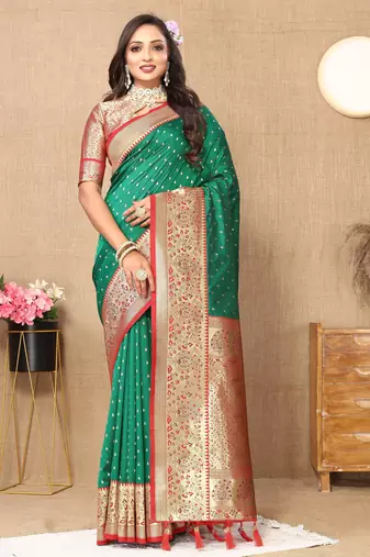 Green color soft silk fabric ethnic weaving jacquard designer partywear heavy saree