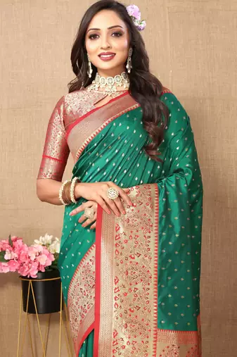 Green soft silk blend ethnic weaving jacquard partywear heavy saree