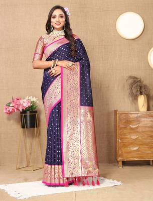 Blue soft silk blend ethnic weaving jacquard partywear heavy saree 1