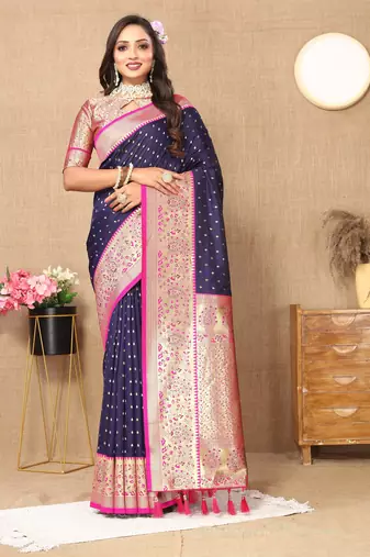 Blue color soft silk fabric ethnic weaving jacquard designer partywear heavy saree