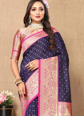 Blue soft silk blend ethnic weaving jacquard partywear heavy saree 3