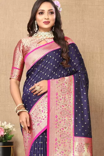 Blue soft silk blend ethnic weaving jacquard partywear heavy saree