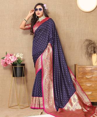 Blue soft silk blend ethnic weaving jacquard partywear heavy saree 4