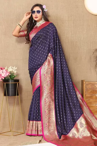 Blue soft silk blend ethnic weaving jacquard partywear heavy saree