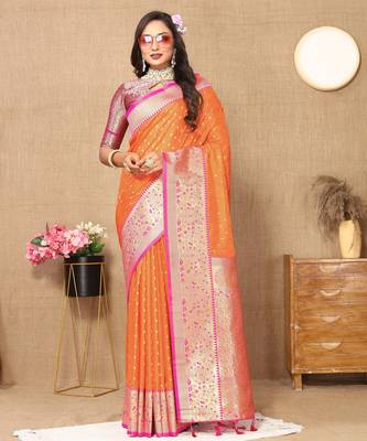 Orange soft silk blend ethnic weaving jacquard partywear heavy saree 1