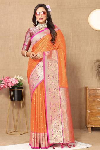 Orange color soft silk fabric ethnic weaving jacquard designer partywear heavy saree