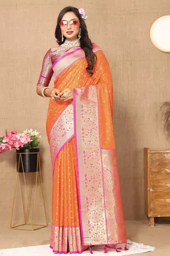 Orange color soft silk fabric ethnic weaving jacquard designer partywear heavy saree