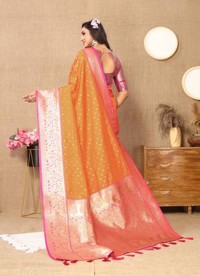 Orange soft silk blend ethnic weaving jacquard partywear heavy saree 2