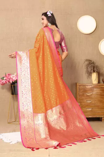 Orange soft silk blend ethnic weaving jacquard partywear heavy saree