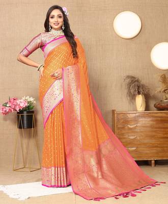 Orange soft silk blend ethnic weaving jacquard partywear heavy saree 4