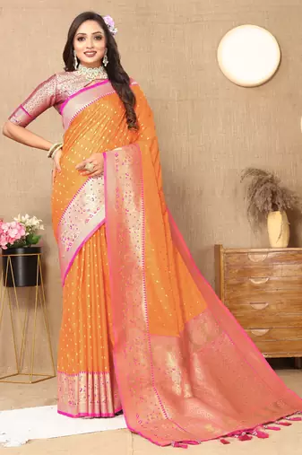 Orange soft silk blend ethnic weaving jacquard partywear heavy saree