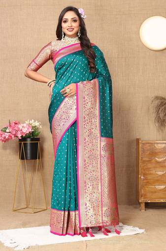 Rama color soft silk fabric ethnic weaving jacquard designer partywear heavy saree