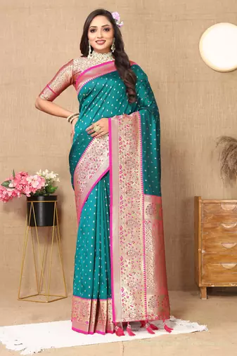 Rama color soft silk fabric ethnic weaving jacquard designer partywear heavy saree