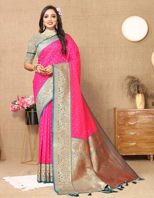 Pink soft silk blend ethnic weaving jacquard partywear heavy saree 1