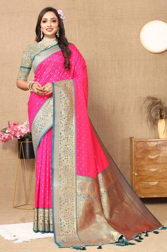 Pink color soft silk fabric ethnic weaving jacquard designer partywear heavy saree