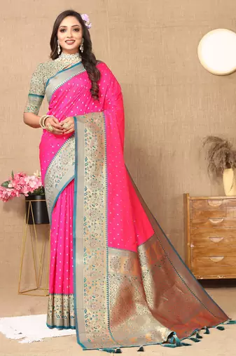 Pink color soft silk fabric ethnic weaving jacquard designer partywear heavy saree