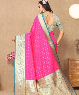 Pink soft silk blend ethnic weaving jacquard partywear heavy saree 2