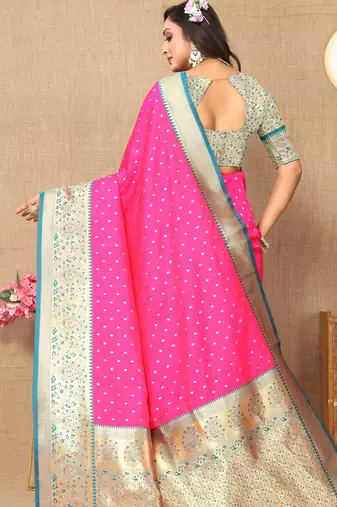 Pink soft silk blend ethnic weaving jacquard partywear heavy saree