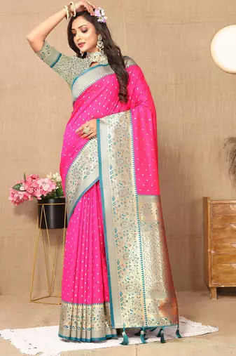 Pink soft silk blend ethnic weaving jacquard partywear heavy saree