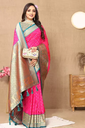Pink soft silk blend ethnic weaving jacquard partywear heavy saree