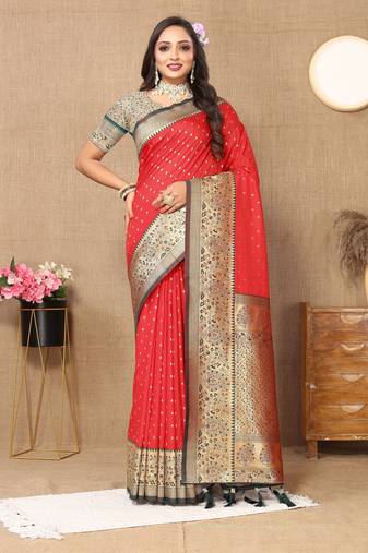 Red color soft silk fabric ethnic weaving jacquard designer partywear heavy saree