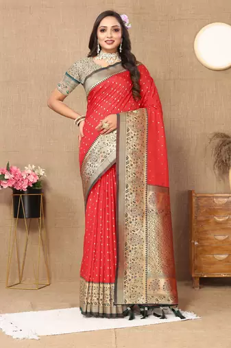 Red color soft silk fabric ethnic weaving jacquard designer partywear heavy saree