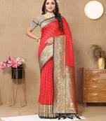 Red color soft silk fabric ethnic weaving jacquard partywear heavy saree
