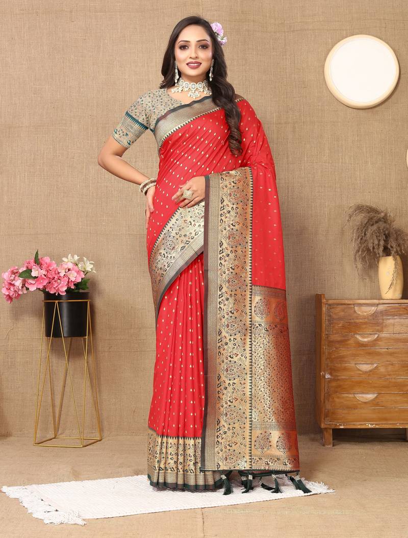 Red color soft silk fabric ethnic weaving jacquard designer partywear heavy saree