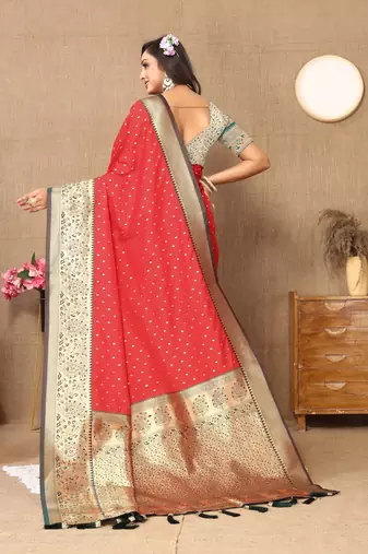 Red soft silk blend ethnic weaving jacquard partywear heavy saree