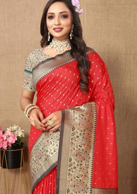 Red soft silk blend ethnic weaving jacquard partywear heavy saree 3
