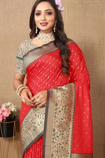 Red soft silk blend ethnic weaving jacquard partywear heavy saree