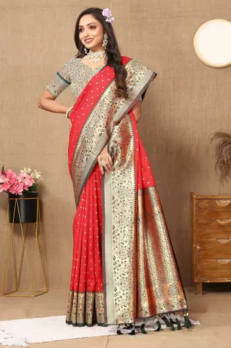 Red soft silk blend ethnic weaving jacquard partywear heavy saree