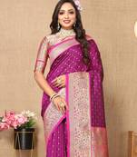 Wine color soft silk fabric ethnic weaving jacquard partywear heavy saree