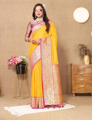 Mustard soft silk blend ethnic weaving jacquard partywear heavy saree 1