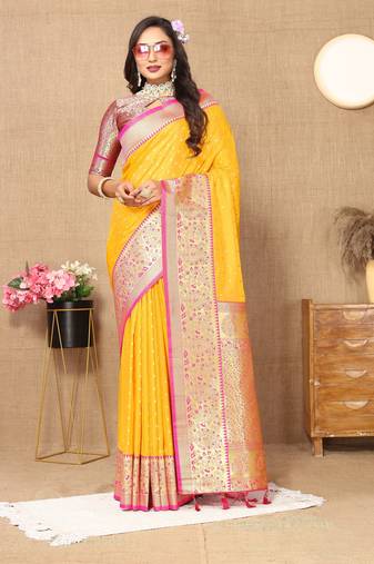 Mustard color soft silk fabric ethnic weaving jacquard designer partywear heavy saree