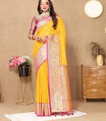 Mustard color soft silk fabric ethnic weaving jacquard partywear heavy saree