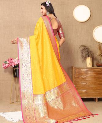 Mustard soft silk blend ethnic weaving jacquard partywear heavy saree 2