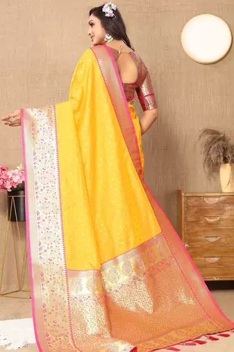 Mustard soft silk blend ethnic weaving jacquard partywear heavy saree