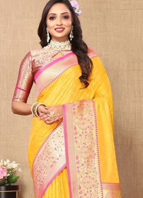 Mustard soft silk blend ethnic weaving jacquard partywear heavy saree 3