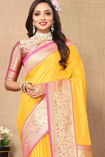 Mustard soft silk blend ethnic weaving jacquard partywear heavy saree