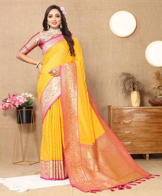 Mustard soft silk blend ethnic weaving jacquard partywear heavy saree 4