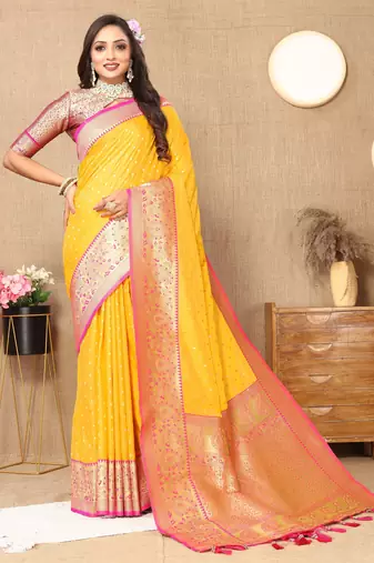 Mustard soft silk blend ethnic weaving jacquard partywear heavy saree