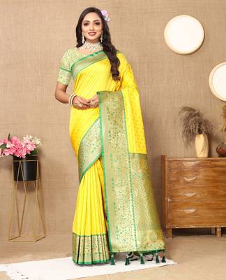 Yellow soft silk blend ethnic weaving jacquard partywear heavy saree 1