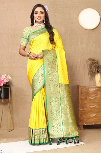 Yellow color soft silk fabric ethnic weaving jacquard designer partywear heavy saree