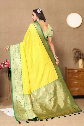 Yellow soft silk blend ethnic weaving jacquard partywear heavy saree