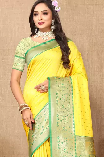 Yellow soft silk blend ethnic weaving jacquard partywear heavy saree