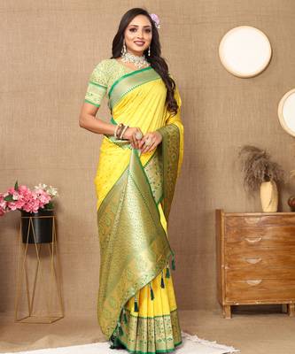 Yellow soft silk blend ethnic weaving jacquard partywear heavy saree 4
