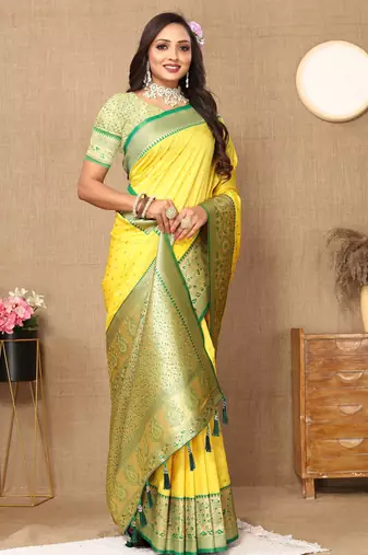 Yellow soft silk blend ethnic weaving jacquard partywear heavy saree