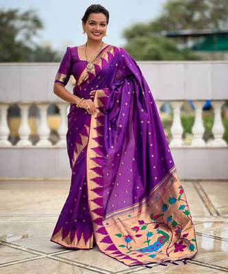 Magenta sophisticated paithani silk blend woven jacquard meenakari saree 1