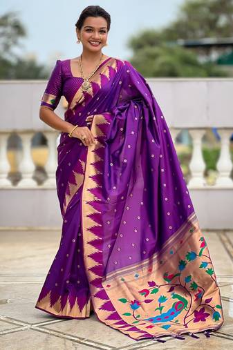 Magenta color sophisticated paithani silk fabric woven jacquard meenakari designer saree